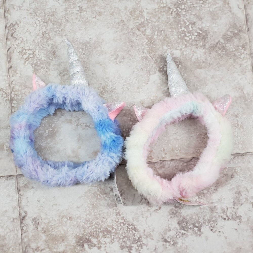 2 Childrens Elastic Faux Fur Fuzzy Hairband Headwrap Metallic Ears Unicorn Horn